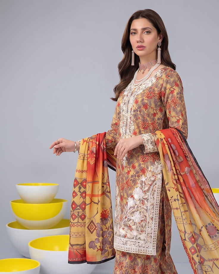 Elegant floral unstitched ladies suit with lace detailing and matching dupatta, perfect for designer wear