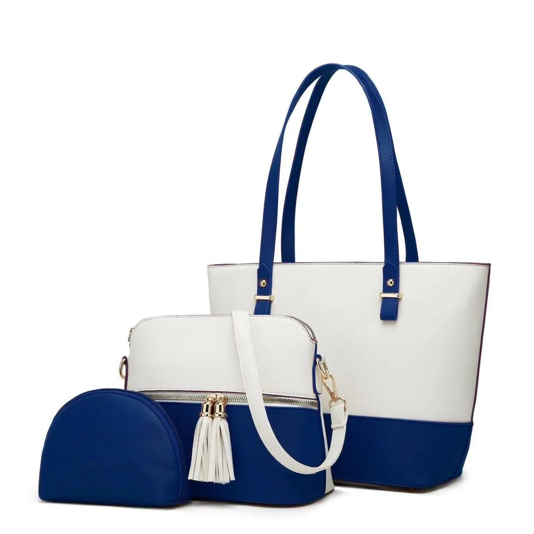 Blue White 3-Piece Women's Tote Set with Top Handle