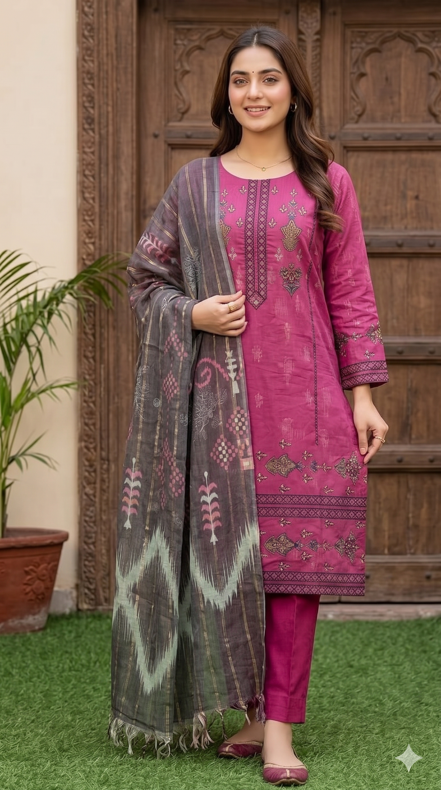 Plum Perfection – Heavy Embroidered Unstitched 3-Piece Suite with Gold Stripe Dupatta