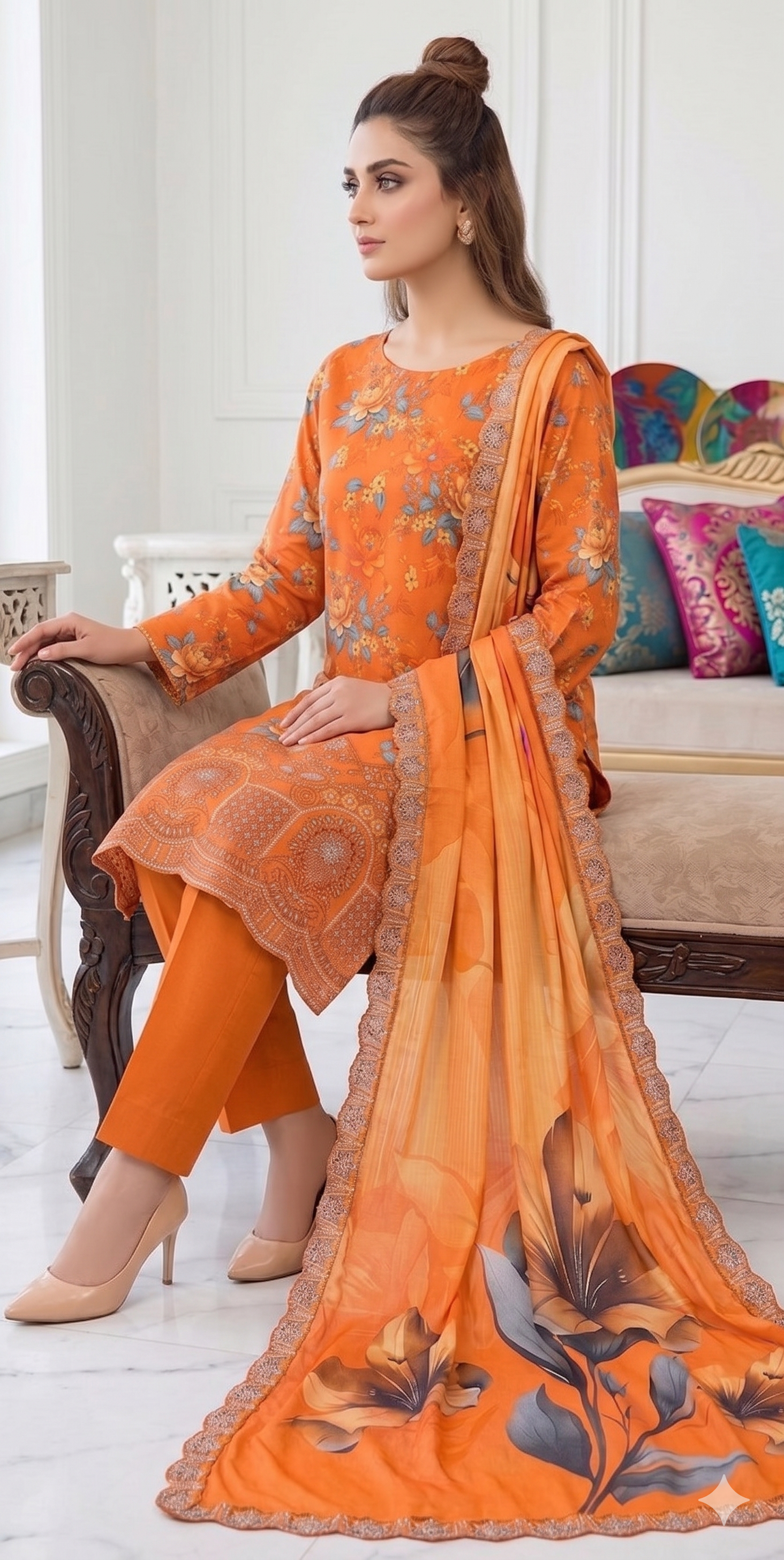 Orange Bloom – Digital Printed & Embroidered Luxury Unstitched 3-Piece Suite