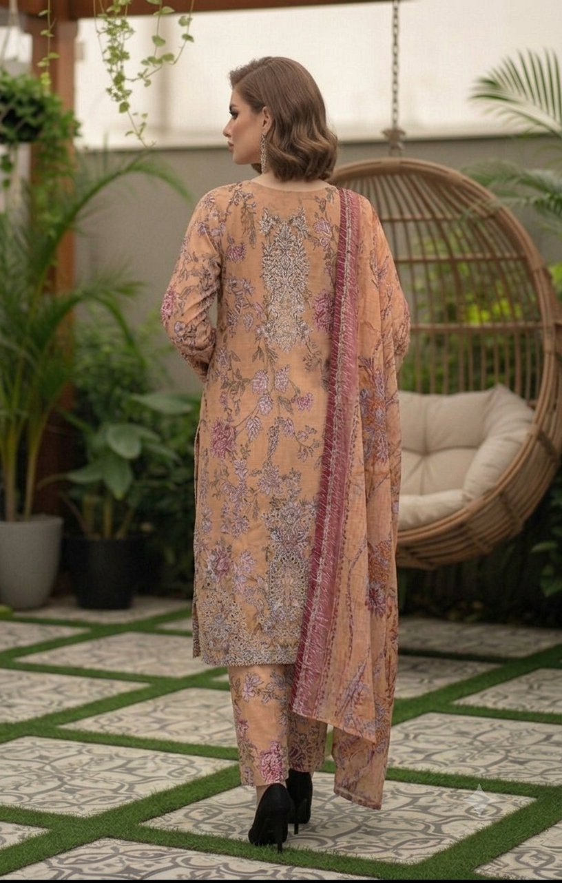 Luxury Digital Printed Unstitched 3-Piece – Embroidered Bana Dora with Voil Dupatta