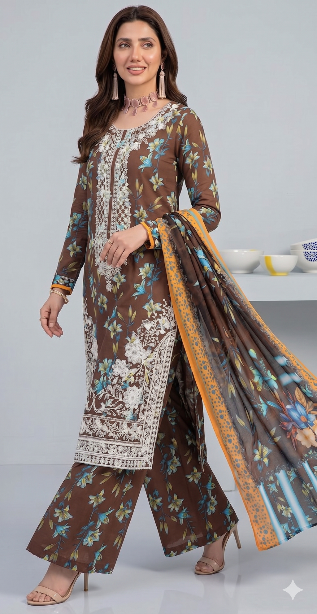 Earth & Aqua – Full Galla & Daman Embroidered Unstitched 3-Piece Suite