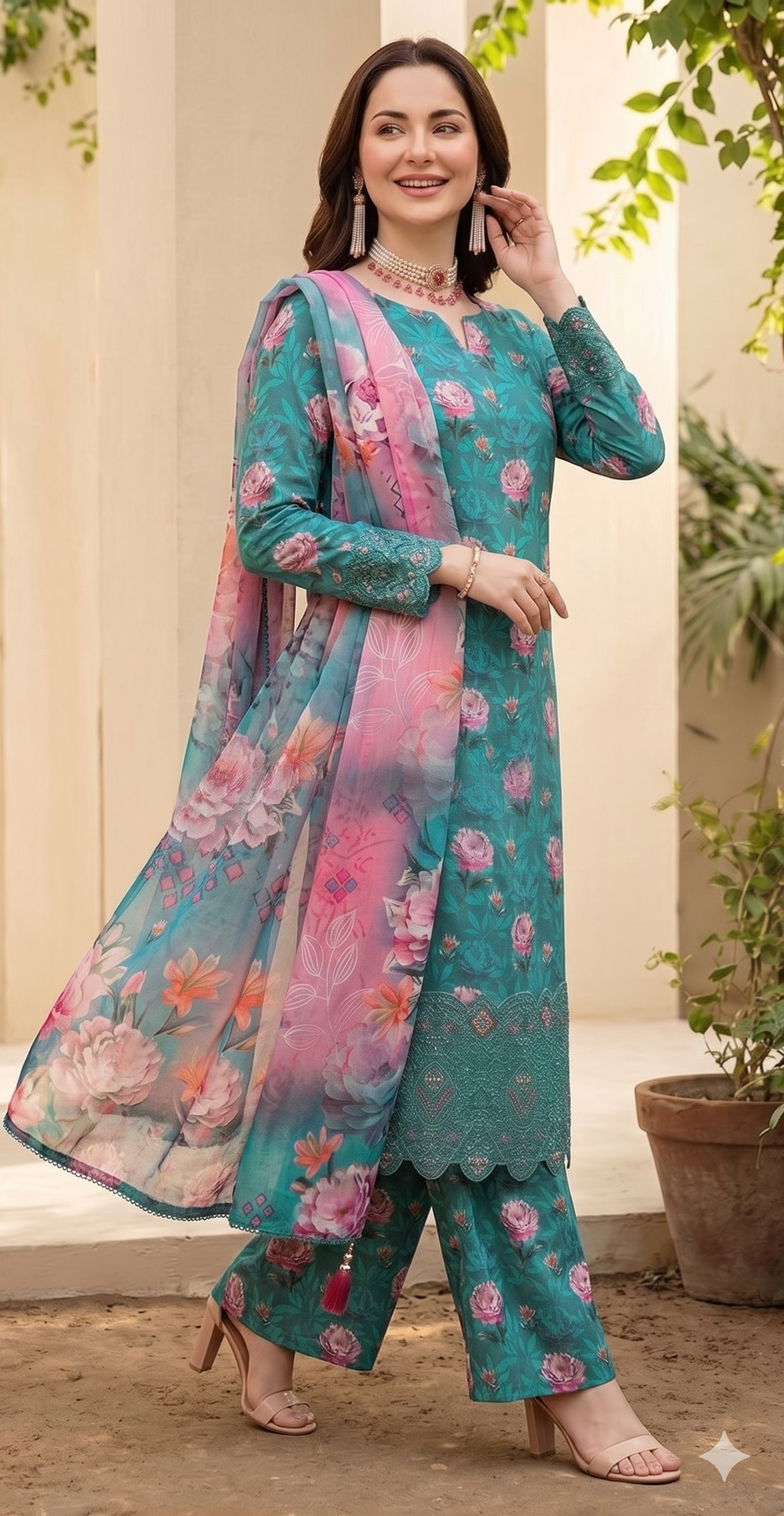 Teal Blossom – Lazer Boring Embroidered Luxury Unstitched 3-Piece Suite