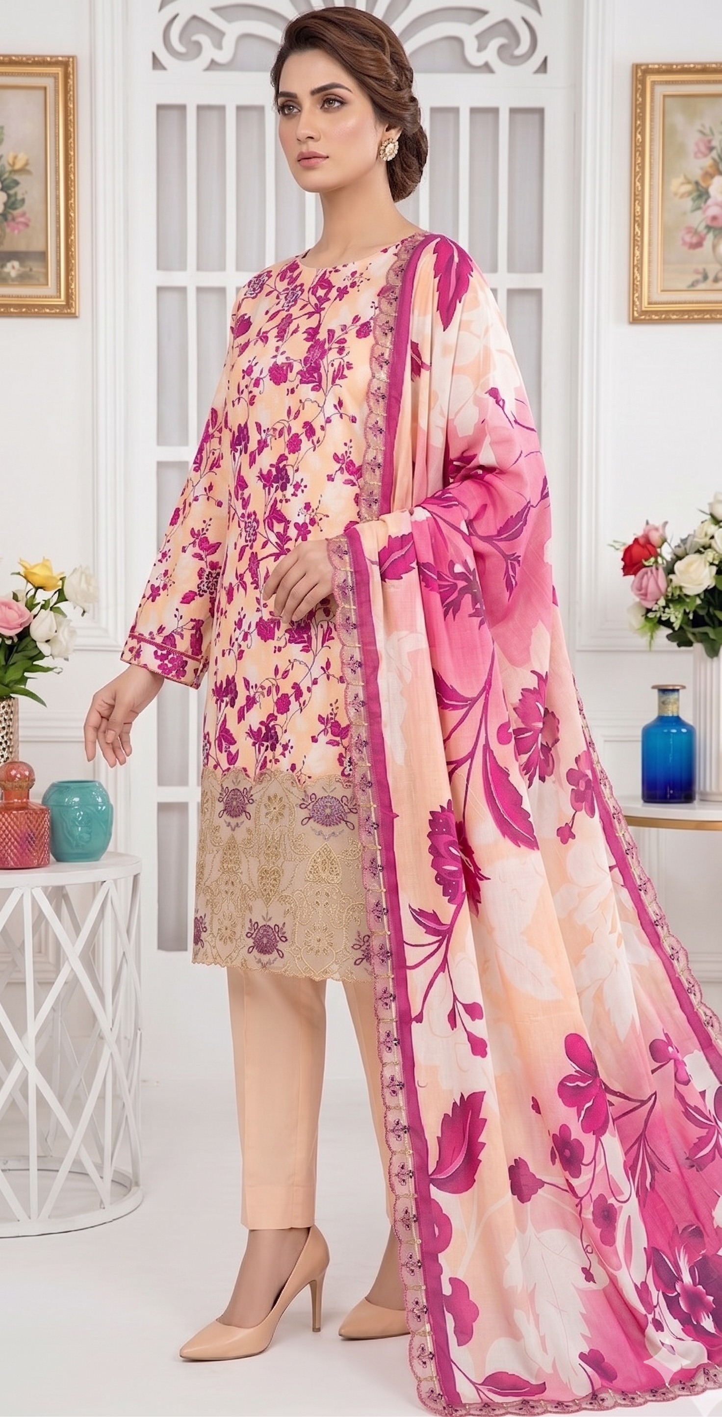 Peach Peony – Digital Printed & Embroidered Luxury Unstitched 3-Piece Suite