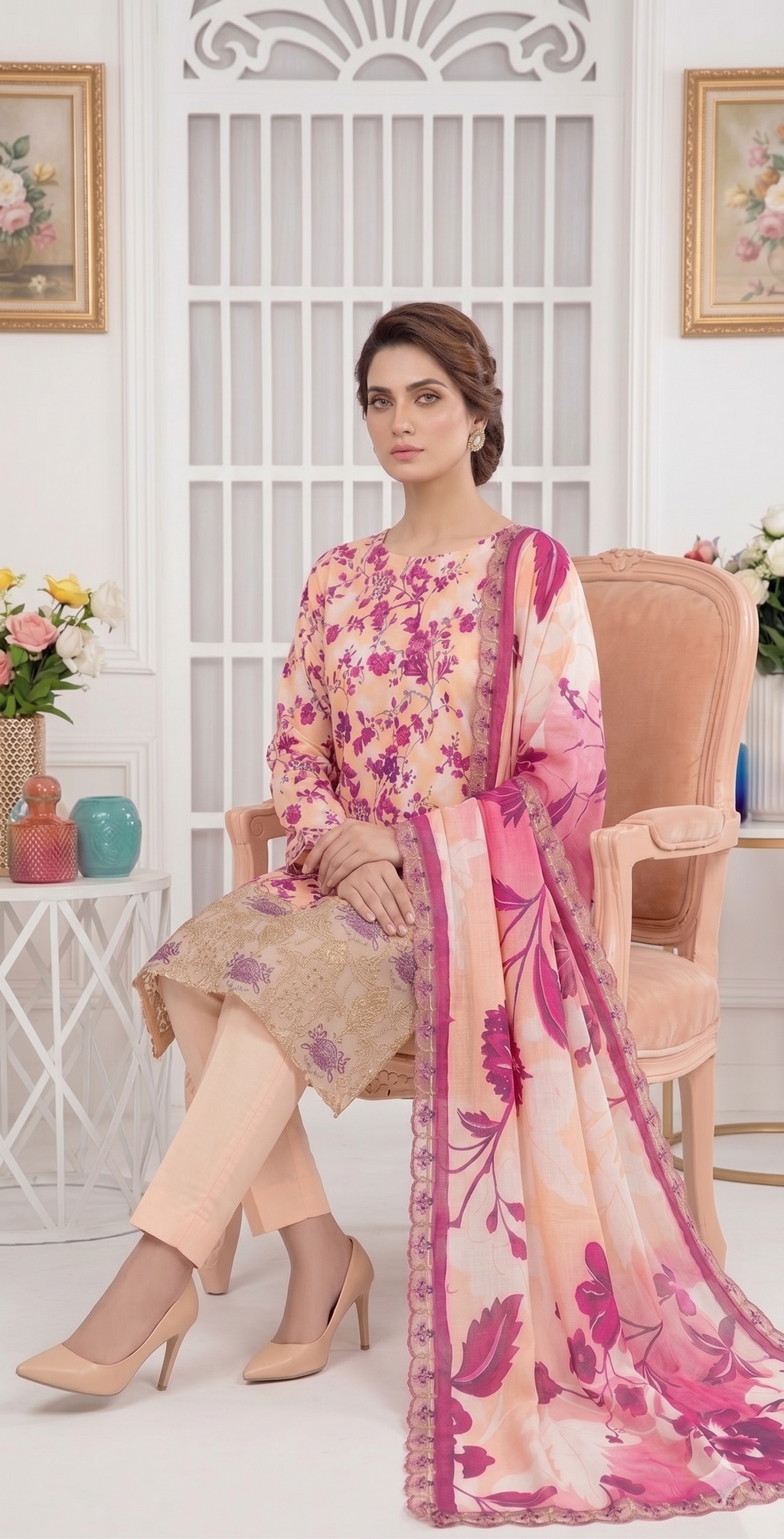 Peach Peony – Digital Printed & Embroidered Luxury Unstitched 3-Piece Suite