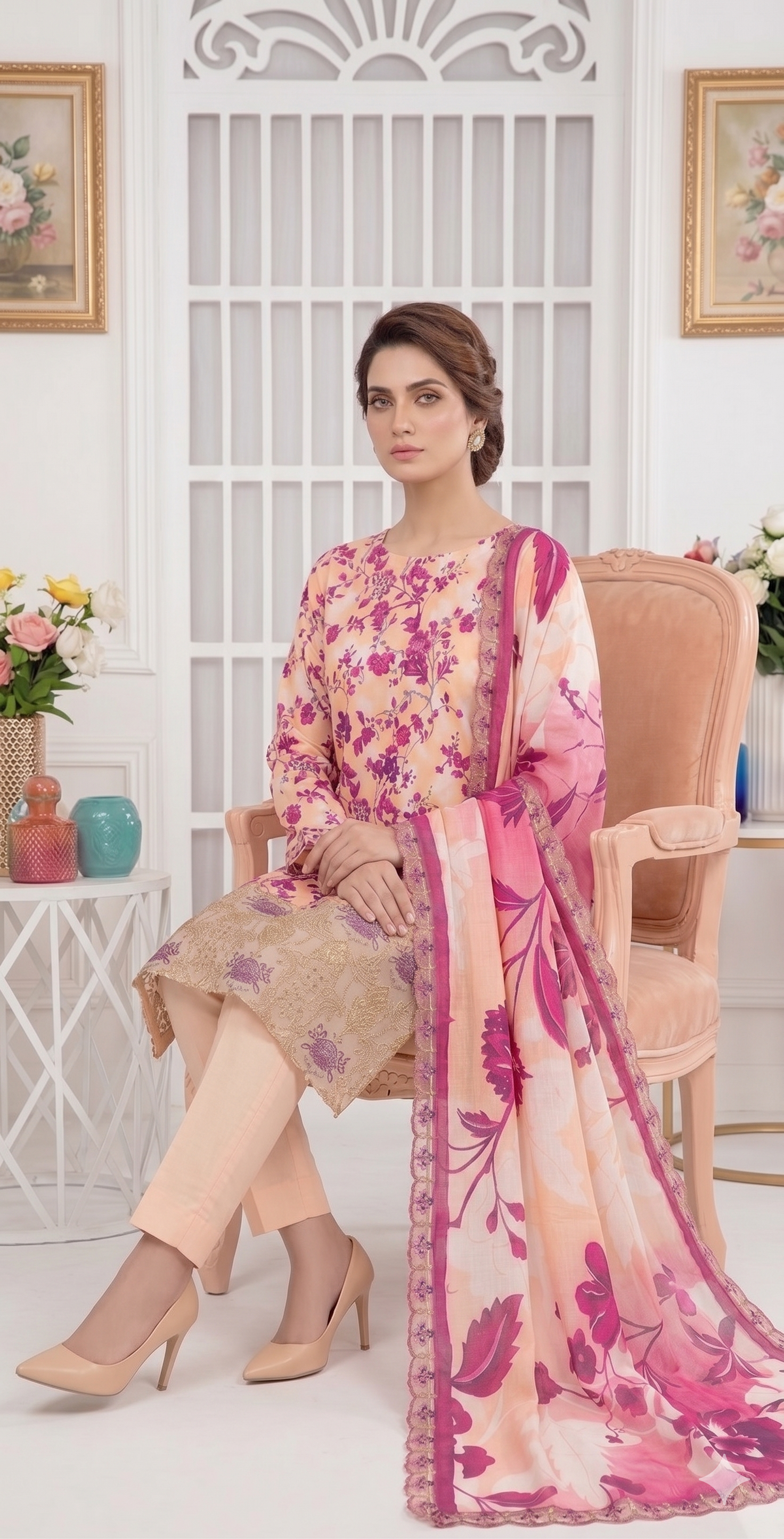 Peach Peony – Digital Printed & Embroidered Luxury Unstitched 3-Piece Suite