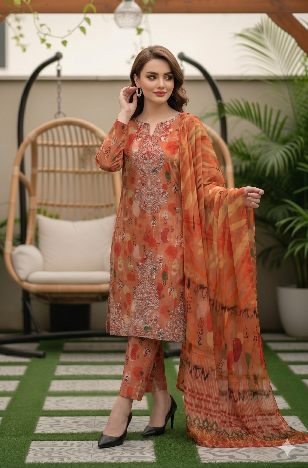 Rust Radiance – Embroidered Digital Bana Dora Unstitched 3-Piece Suite