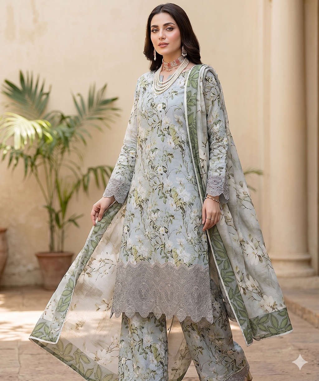 Mint Frost – Luxury Lazer Boring Embroidered Unstitched 3-Piece Suite