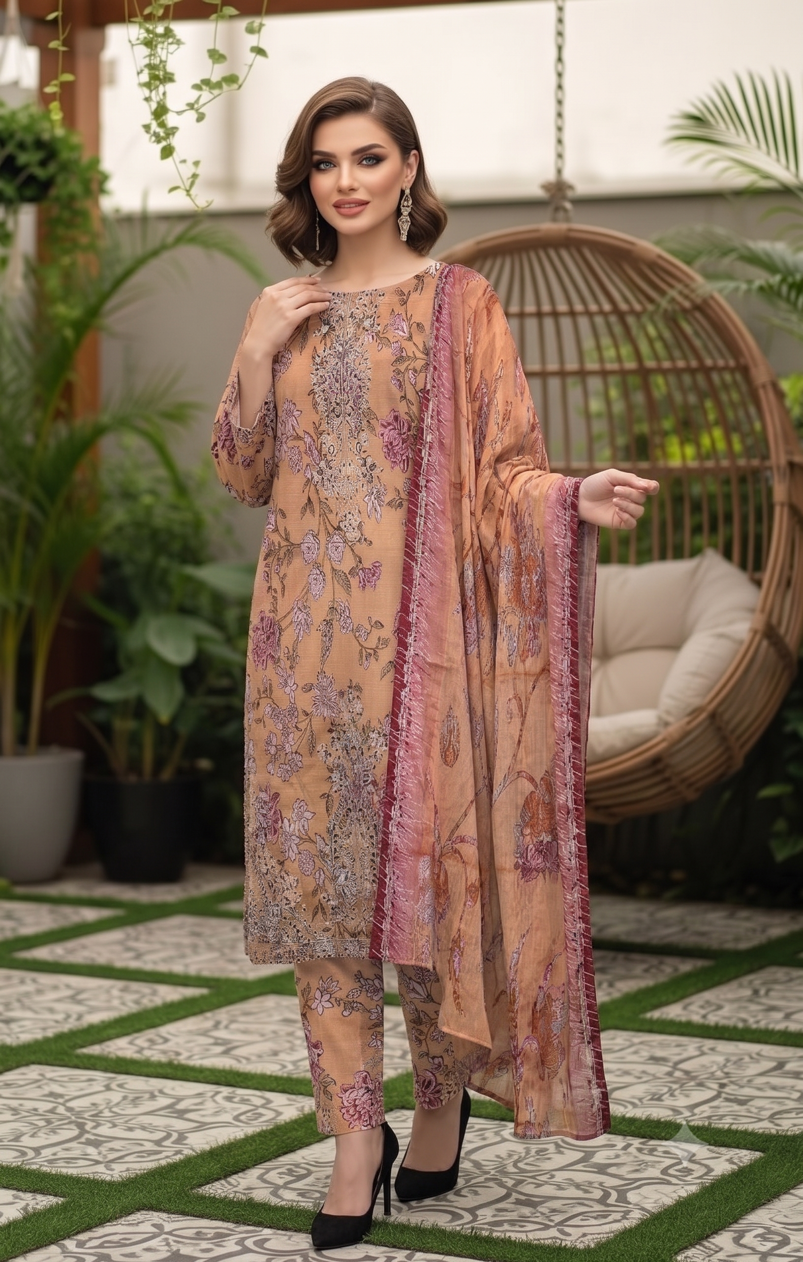 Luxury Digital Printed Unstitched 3-Piece – Embroidered Bana Dora with Voil Dupatta