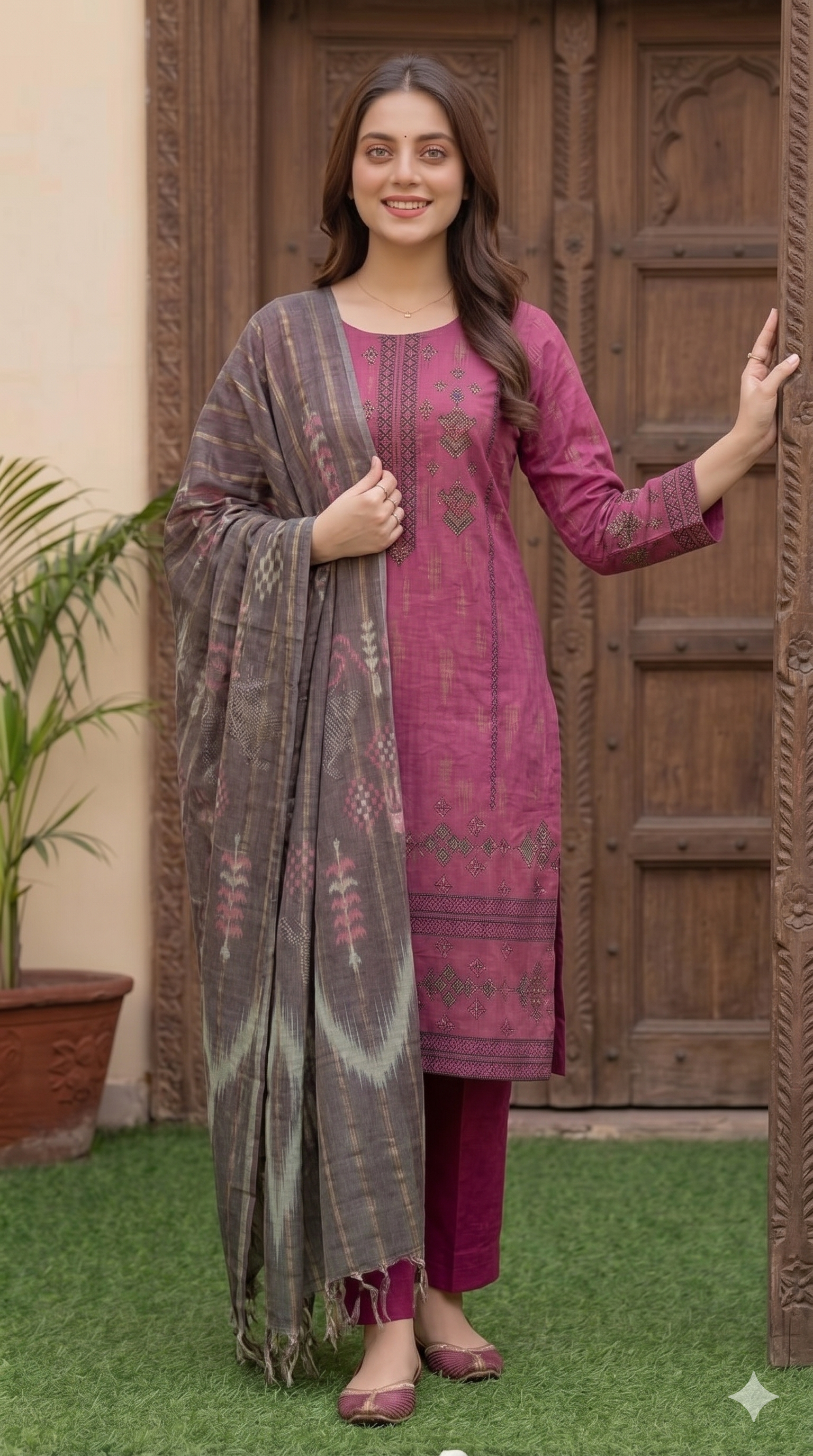 Plum Perfection – Heavy Embroidered Unstitched 3-Piece Suite with Gold Stripe Dupatta
