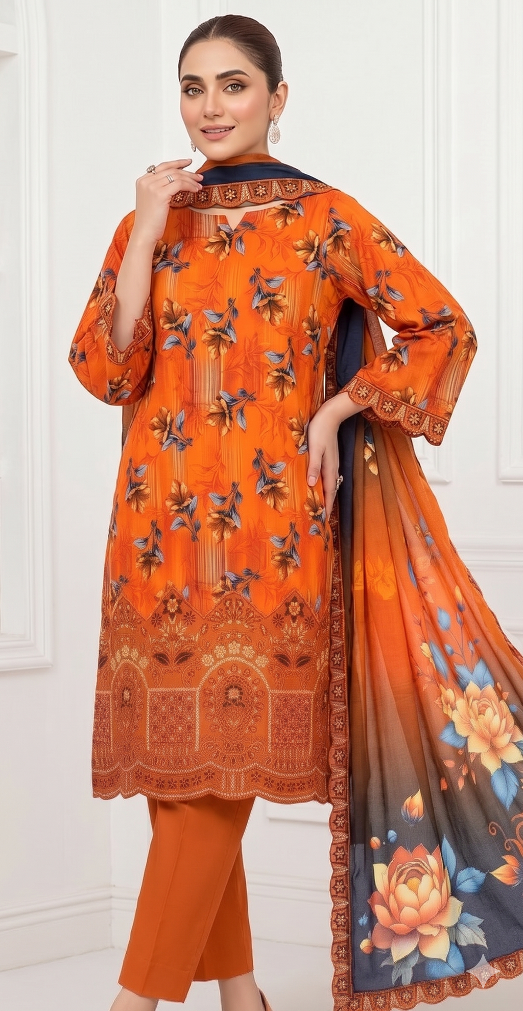Amber Glow – Digital Printed & Embroidered Luxury Unstitched 3-Piece Suite