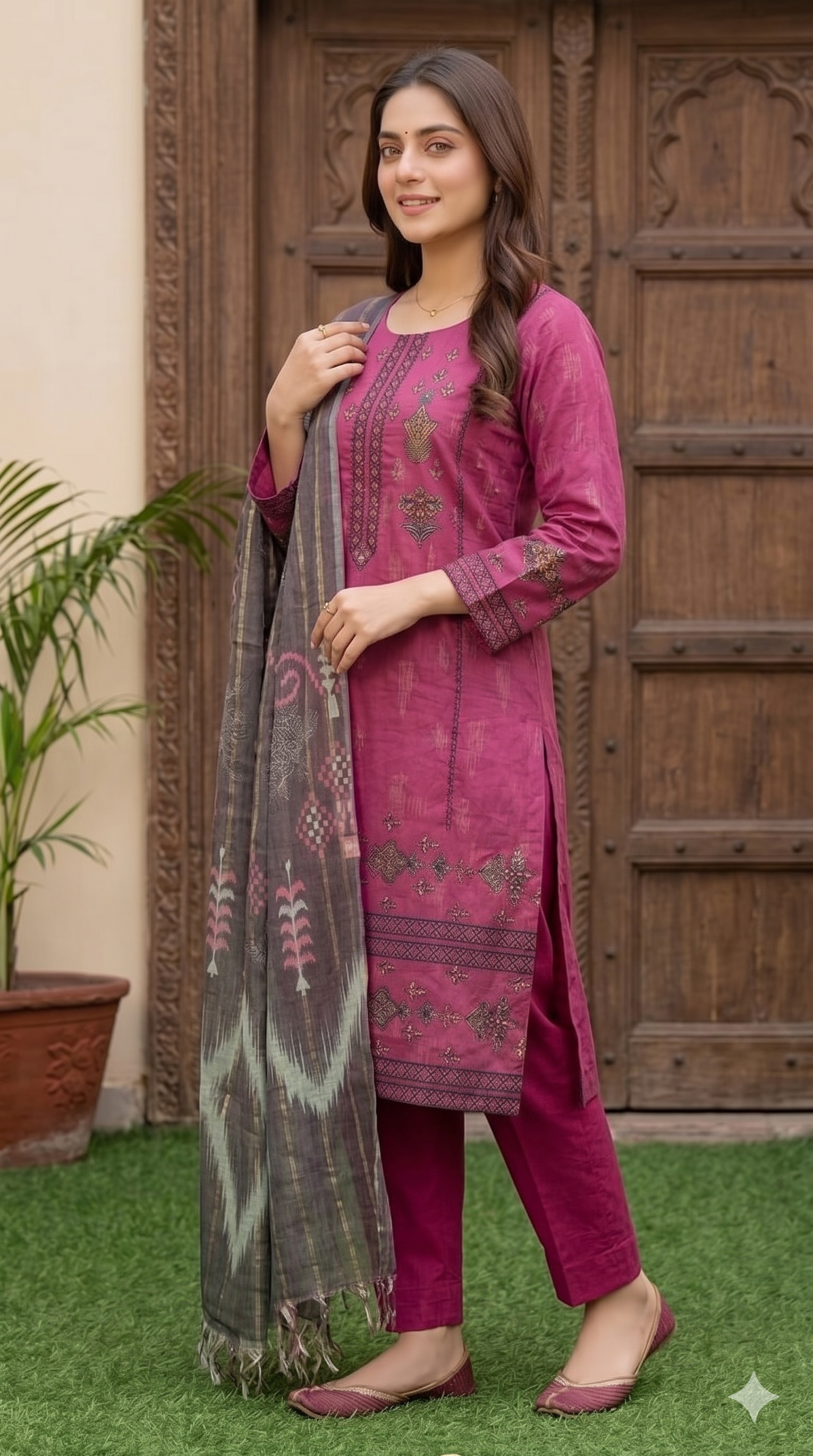 Plum Perfection – Heavy Embroidered Unstitched 3-Piece Suite with Gold Stripe Dupatta