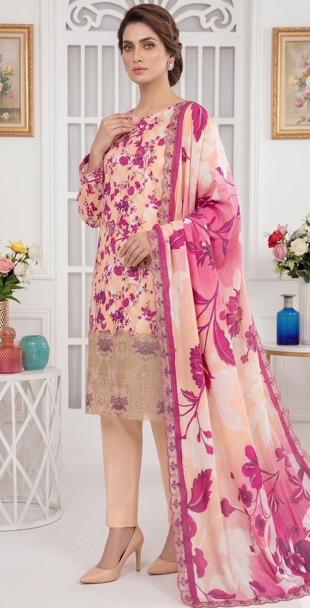 Peach Peony – Digital Printed & Embroidered Luxury Unstitched 3-Piece Suite