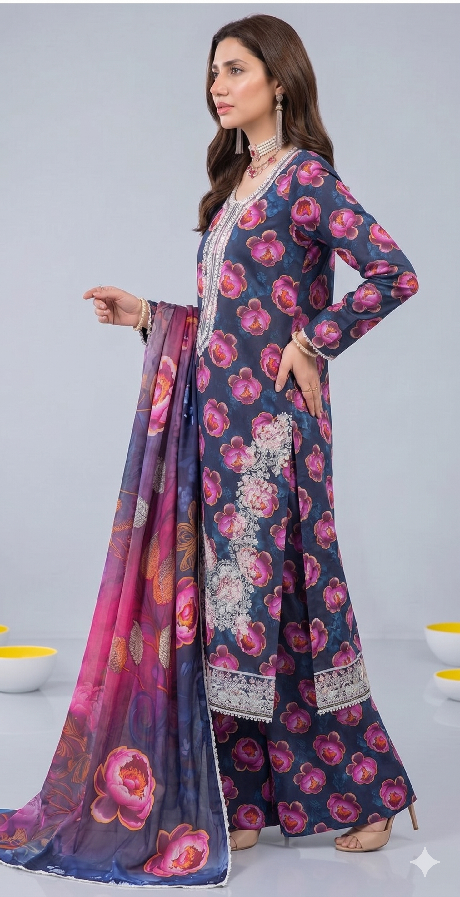 Indigo Peony – Full Galla & Daman Embroidered Unstitched 3-Piece Suite