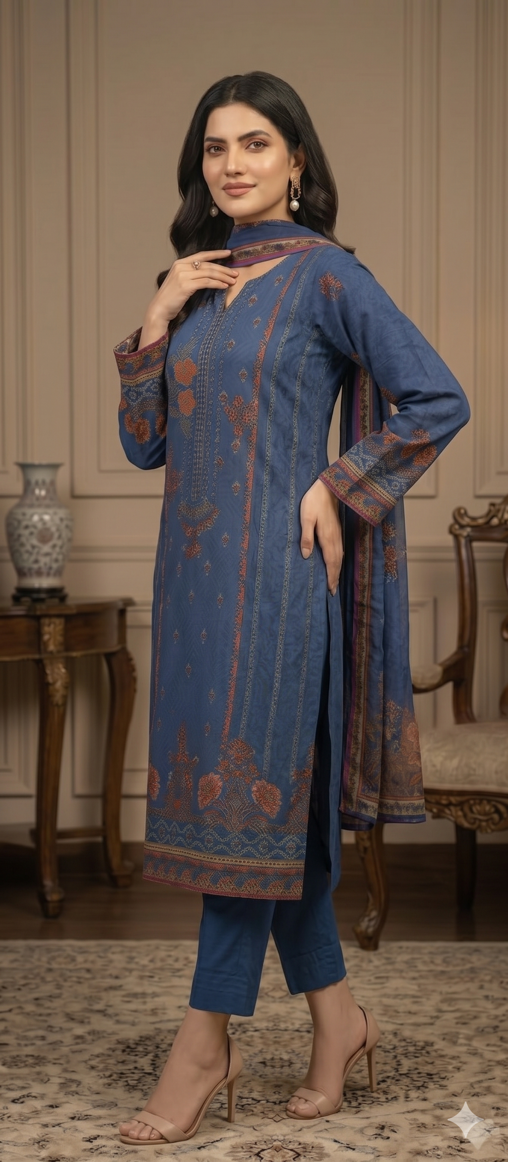 Royal Indigo – Embroidered Unstitched 3-Piece Suite with Floral Borders