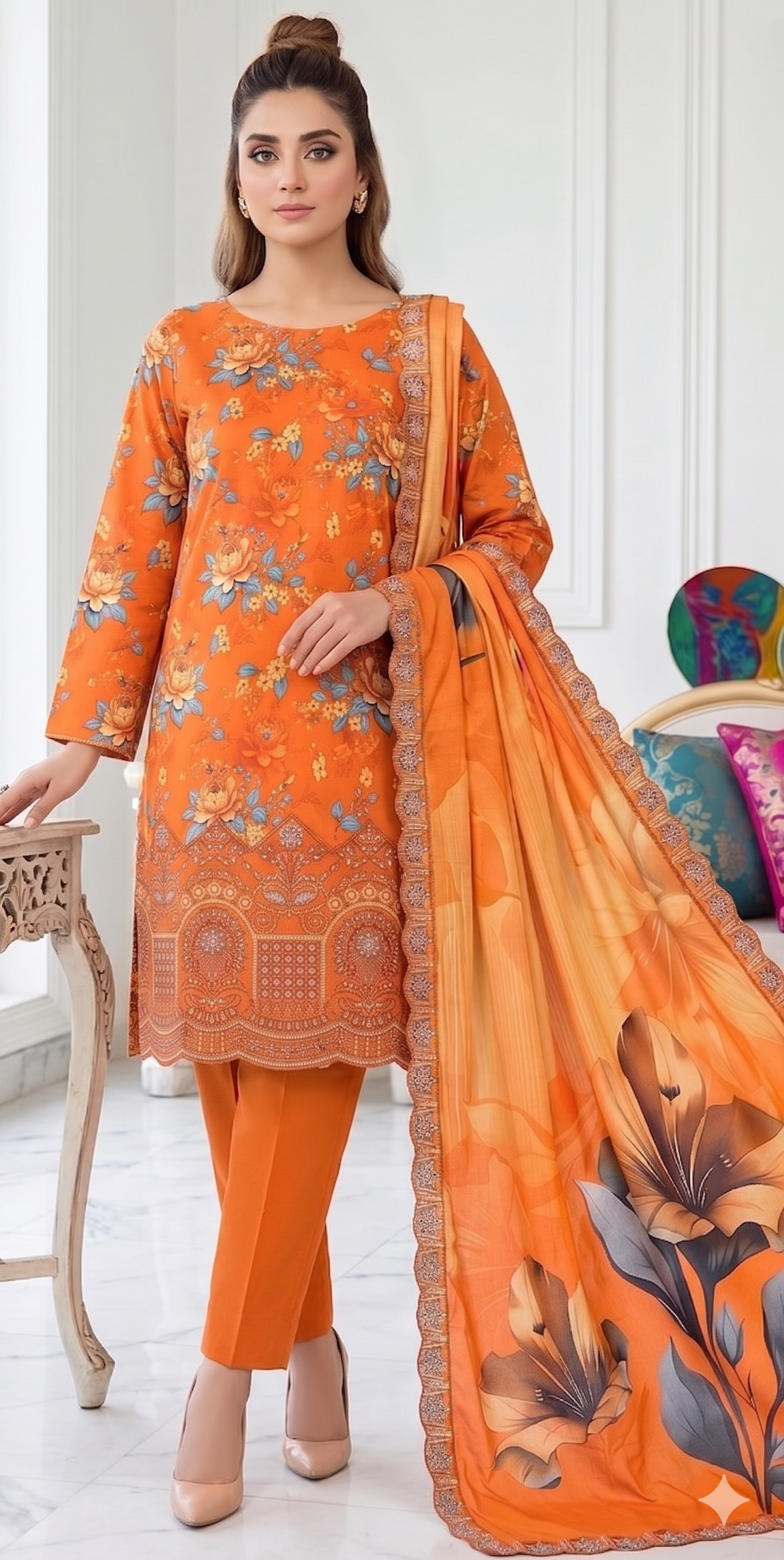 Orange Bloom – Digital Printed & Embroidered Luxury Unstitched 3-Piece Suite