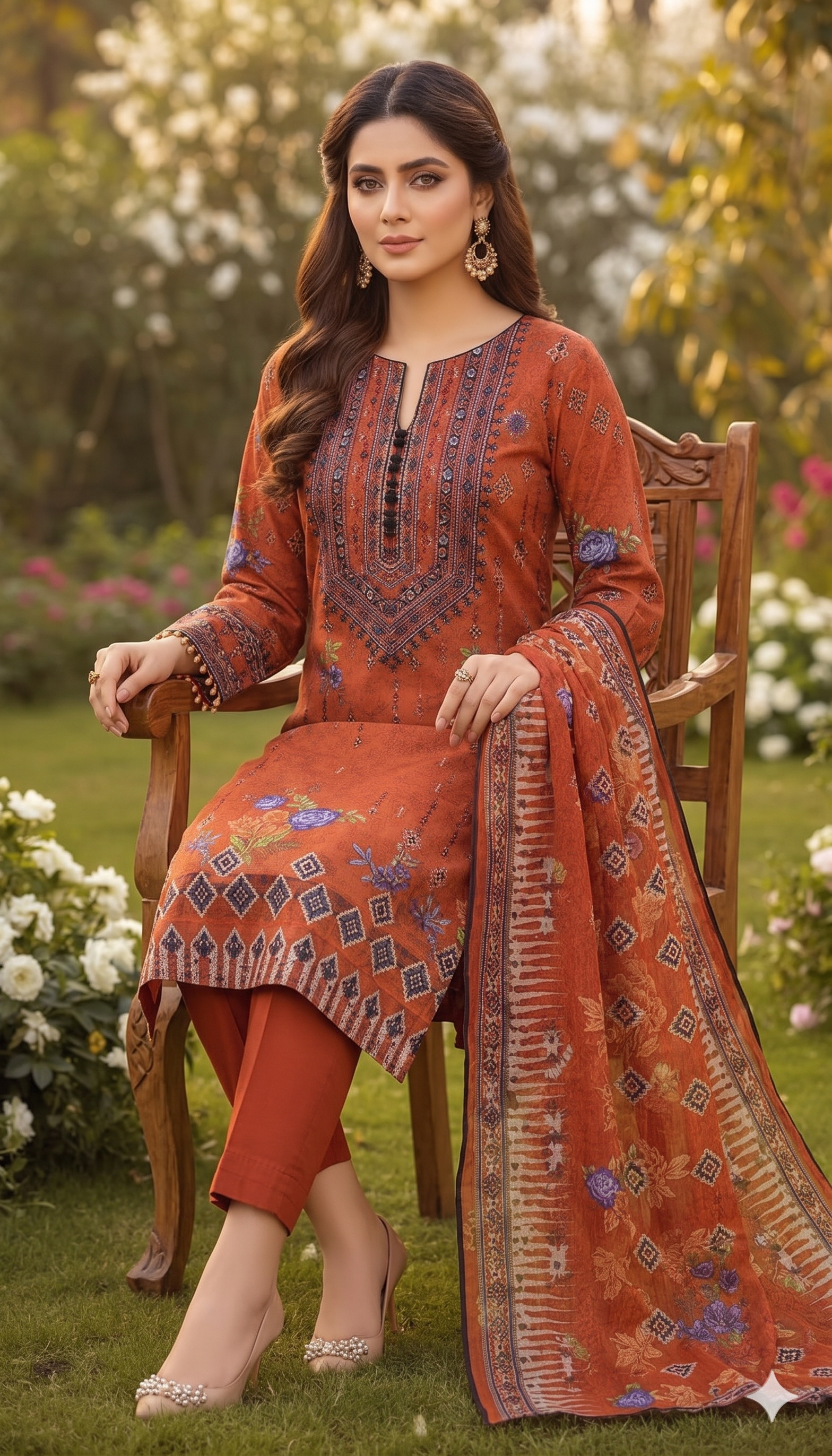 Rust Ember – Embroidered Unstitched 3-Piece Suite with Geometric Borders
