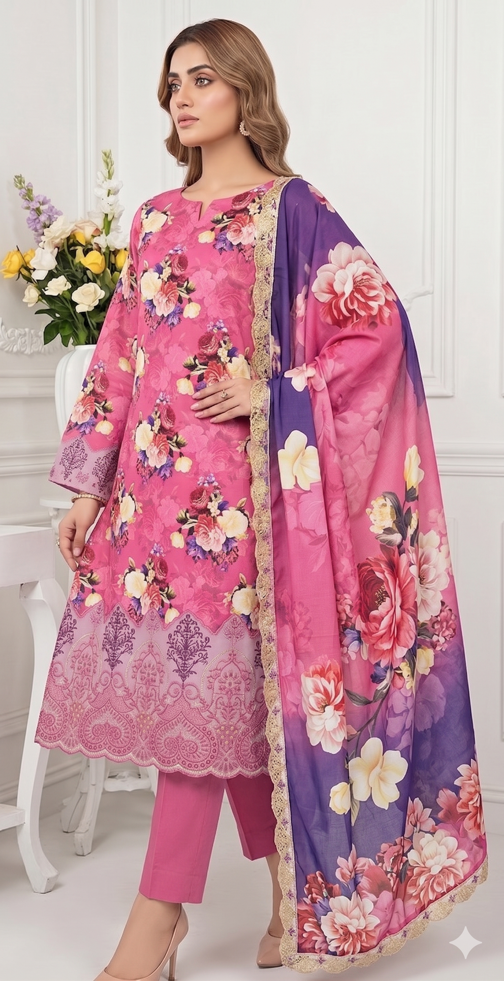 Magenta Rose – Digital Printed & Embroidered Luxury Unstitched 3-Piece Suite