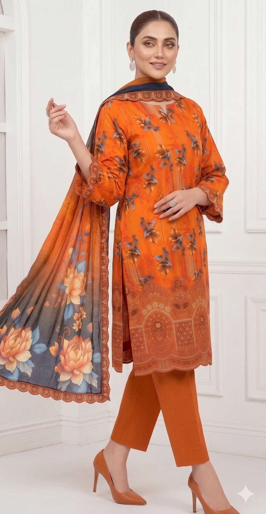 Amber Glow – Digital Printed & Embroidered Luxury Unstitched 3-Piece Suite