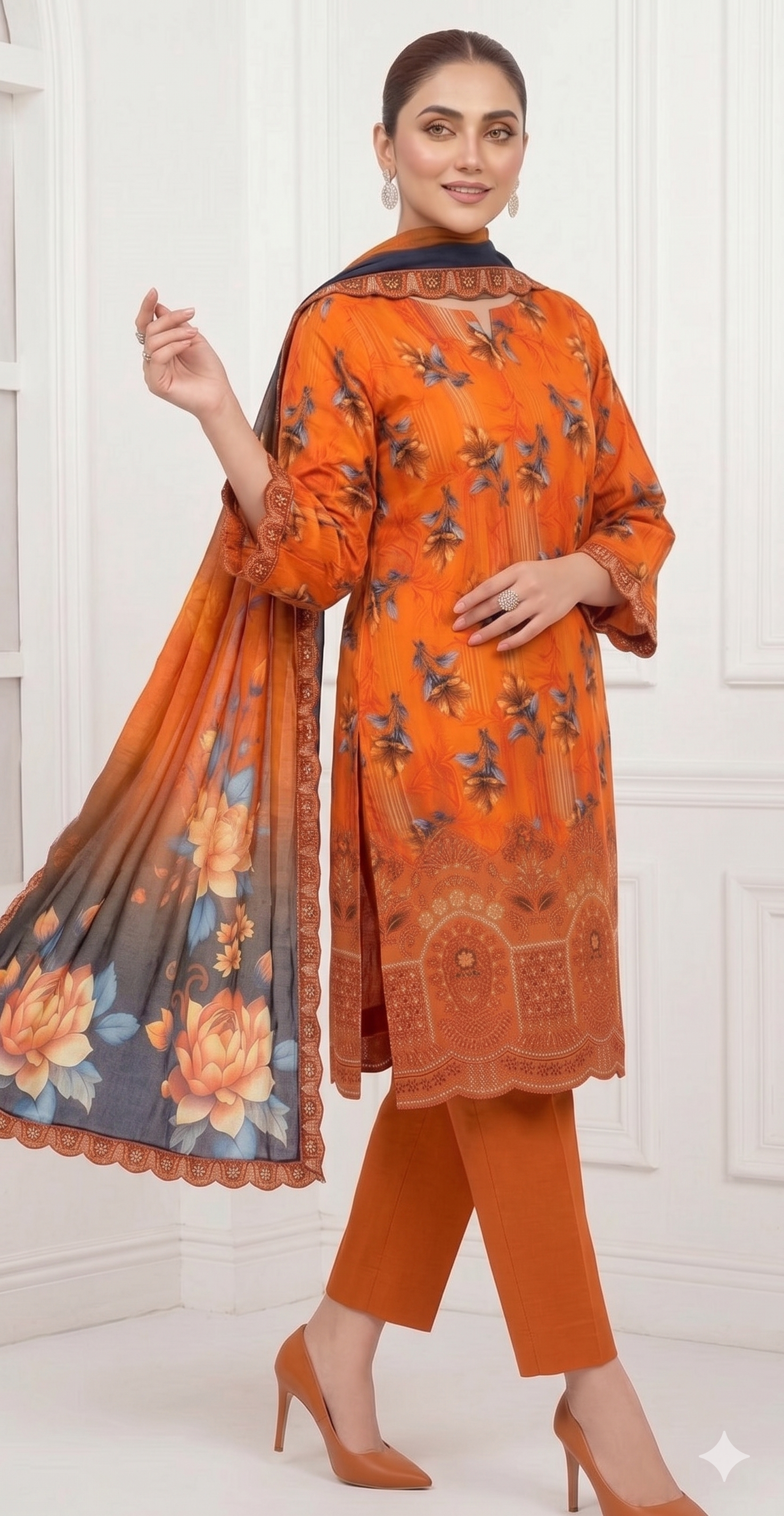 Amber Glow – Digital Printed & Embroidered Luxury Unstitched 3-Piece Suite