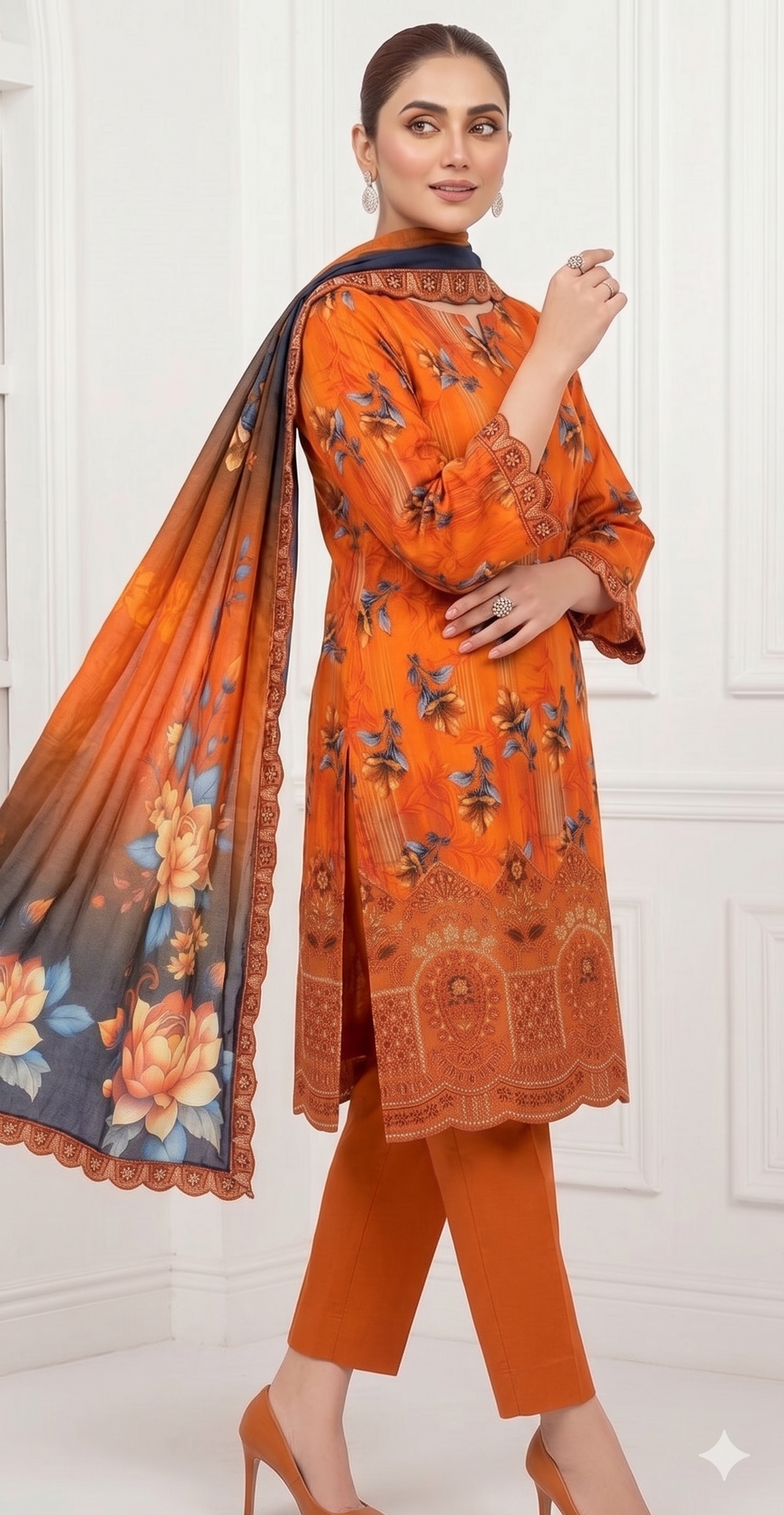Amber Glow – Digital Printed & Embroidered Luxury Unstitched 3-Piece Suite