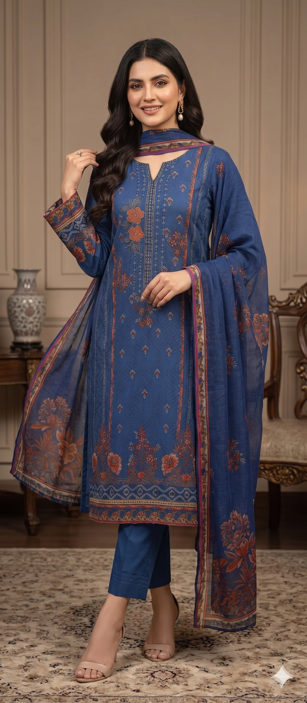 Royal Indigo – Embroidered Unstitched 3-Piece Suite with Floral Borders