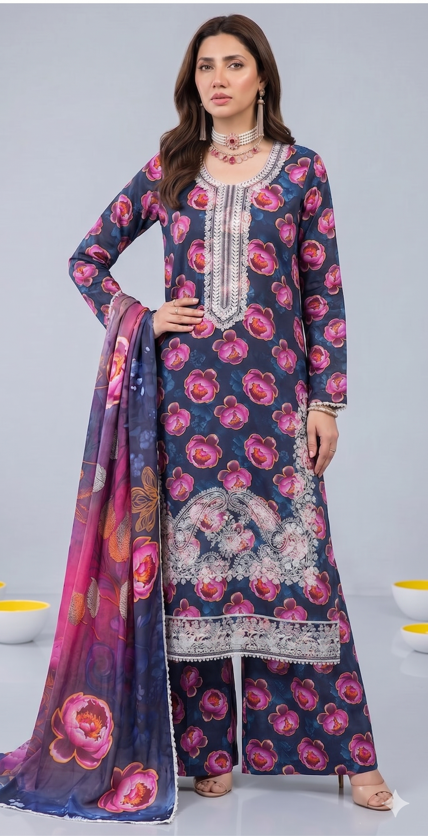 Indigo Peony – Full Galla & Daman Embroidered Unstitched 3-Piece Suite