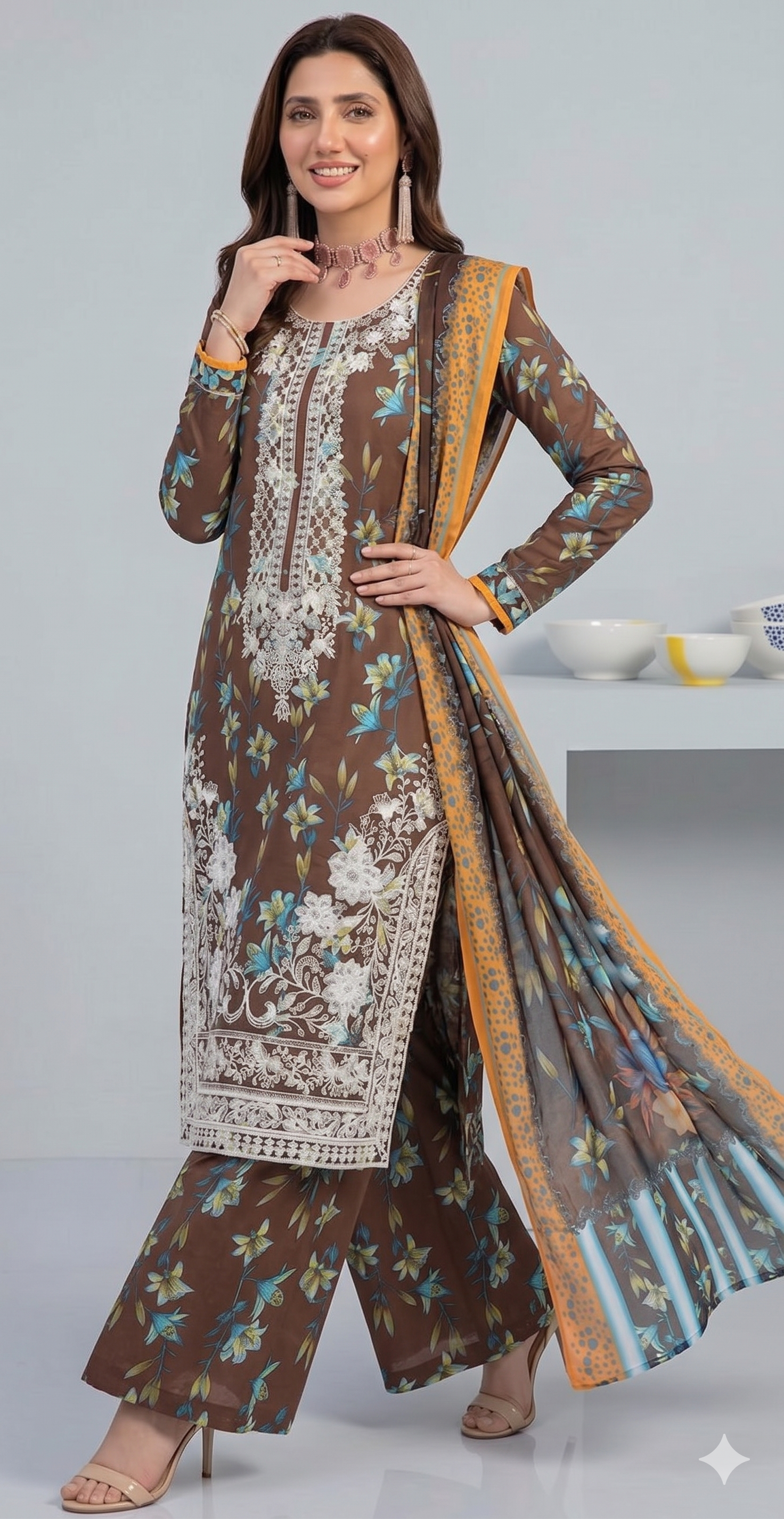 Earth & Aqua – Full Galla & Daman Embroidered Unstitched 3-Piece Suite