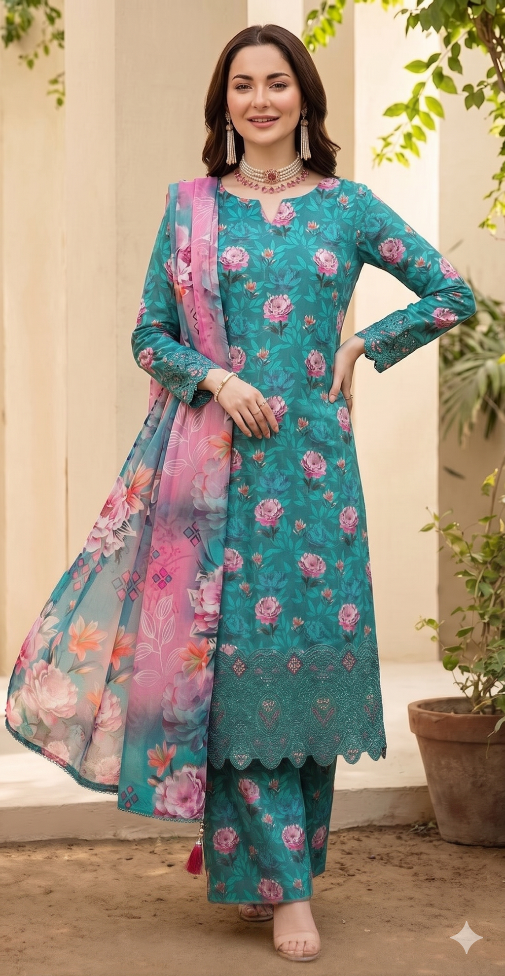 Teal Blossom – Lazer Boring Embroidered Luxury Unstitched 3-Piece Suite