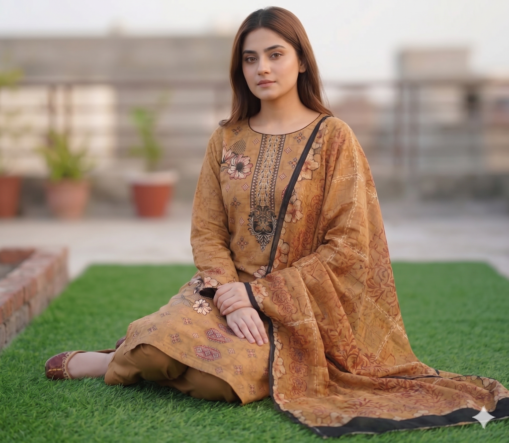 Ochre Amber – Digital Printed & Embroidered Unstitched 3-Piece Suite