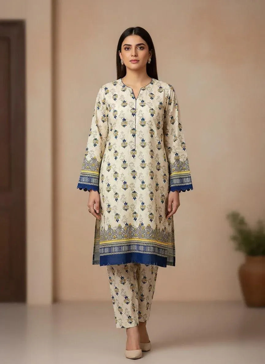 Women Unstitched Printed Suit Yellow Polo Cotton 2 Pcs