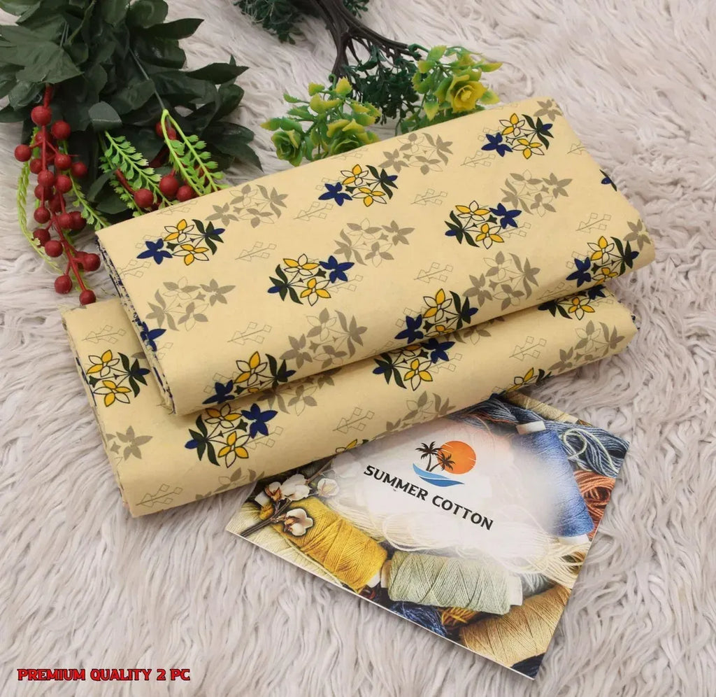 Women Unstitched Printed Suit Yellow Polo Cotton 2 Pcs