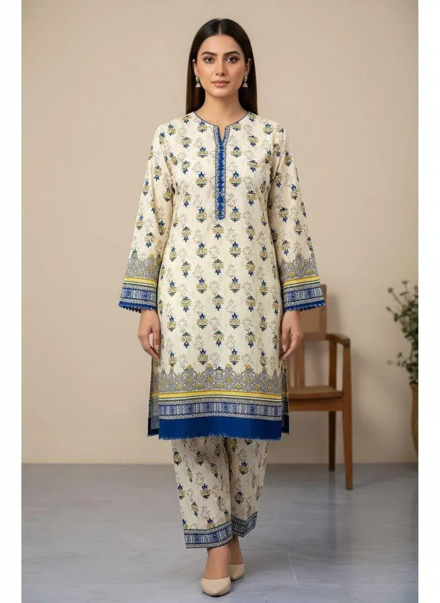 Women Unstitched Printed Suit Yellow Polo Cotton 2 Pcs