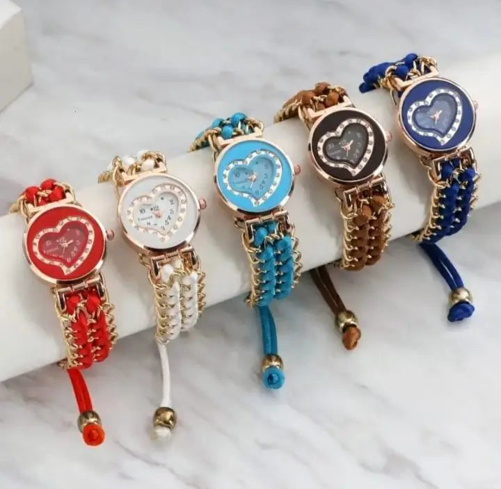 Heart Shaped Braided Bracelet Watch for Girls
