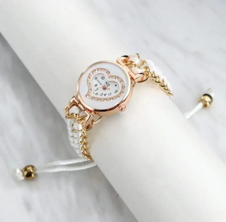 Heart Shaped Braided Bracelet Watch for Girls