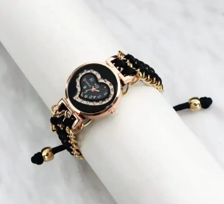 Heart Shaped Braided Bracelet Watch for Girls