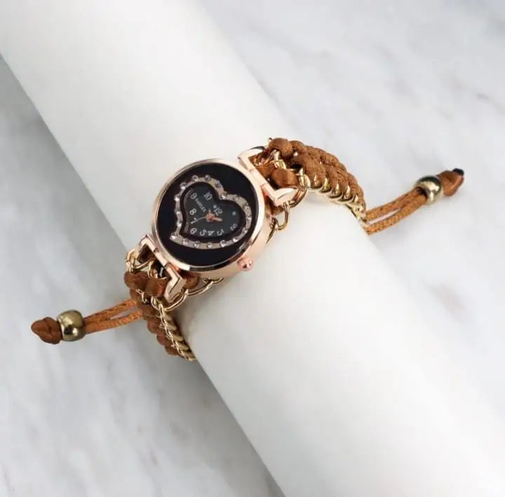 Heart Shaped Braided Bracelet Watch for Girls