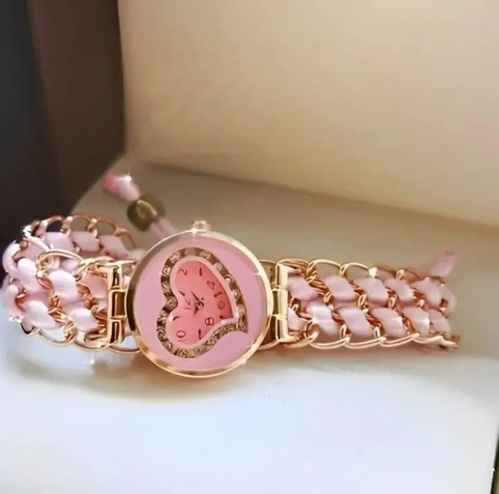 Heart Shaped Braided Bracelet Watch for Girls