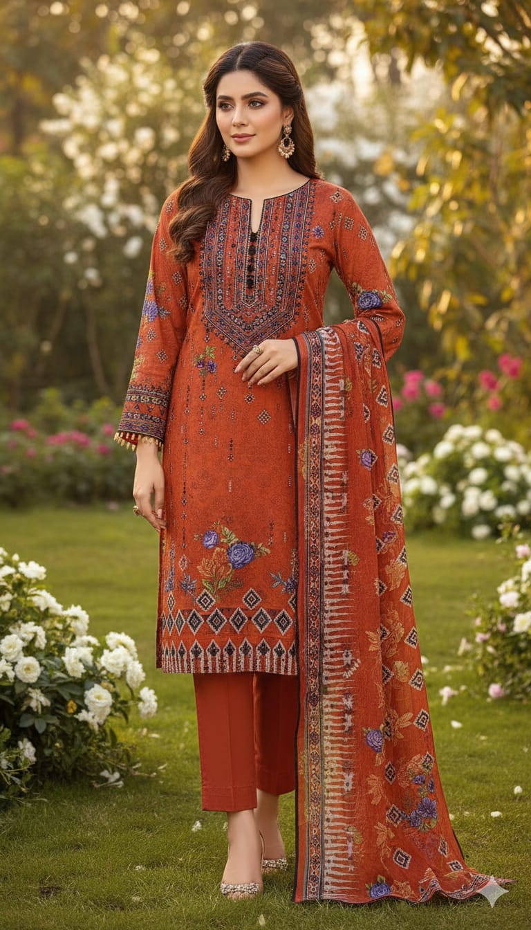Rust Ember – Embroidered Unstitched 3-Piece Suite with Geometric Borders