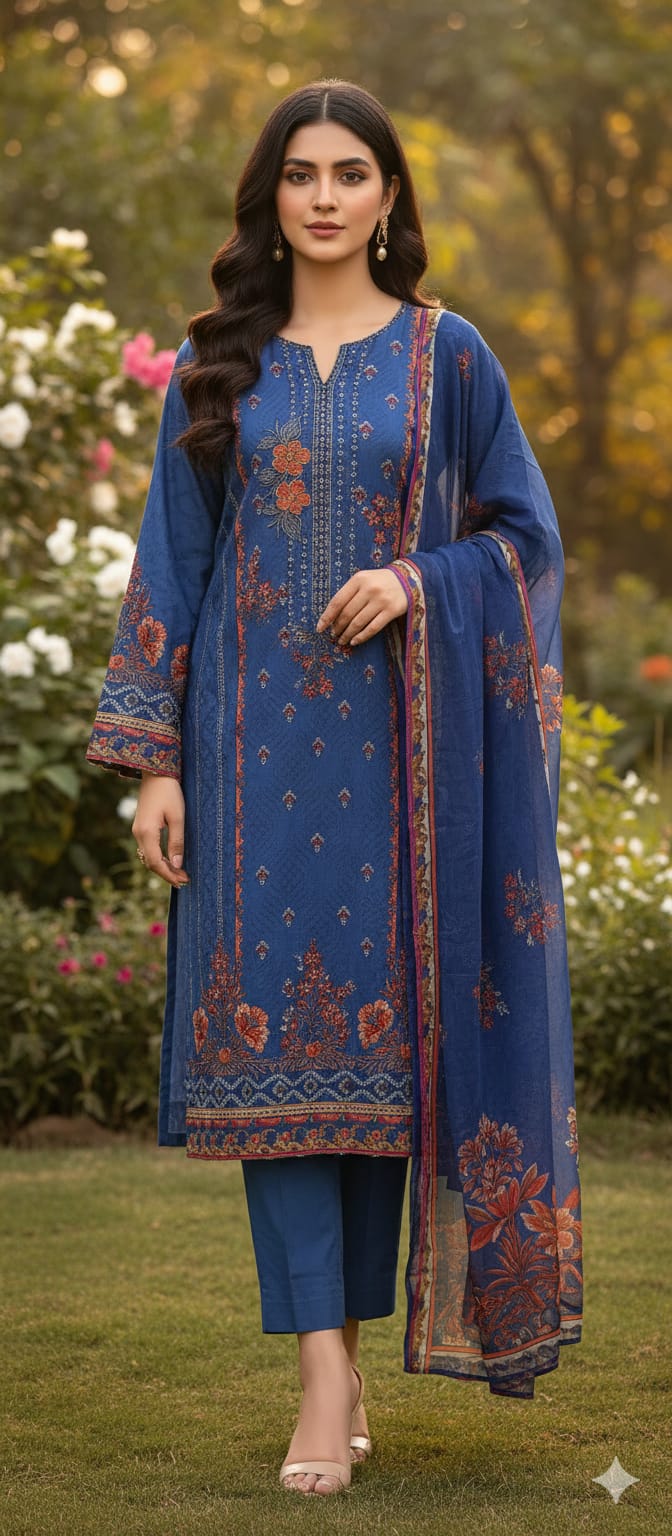 Royal Indigo – Embroidered Unstitched 3-Piece Suite with Floral Borders
