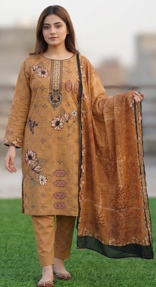 Ochre Amber – Digital Printed & Embroidered Unstitched 3-Piece Suite