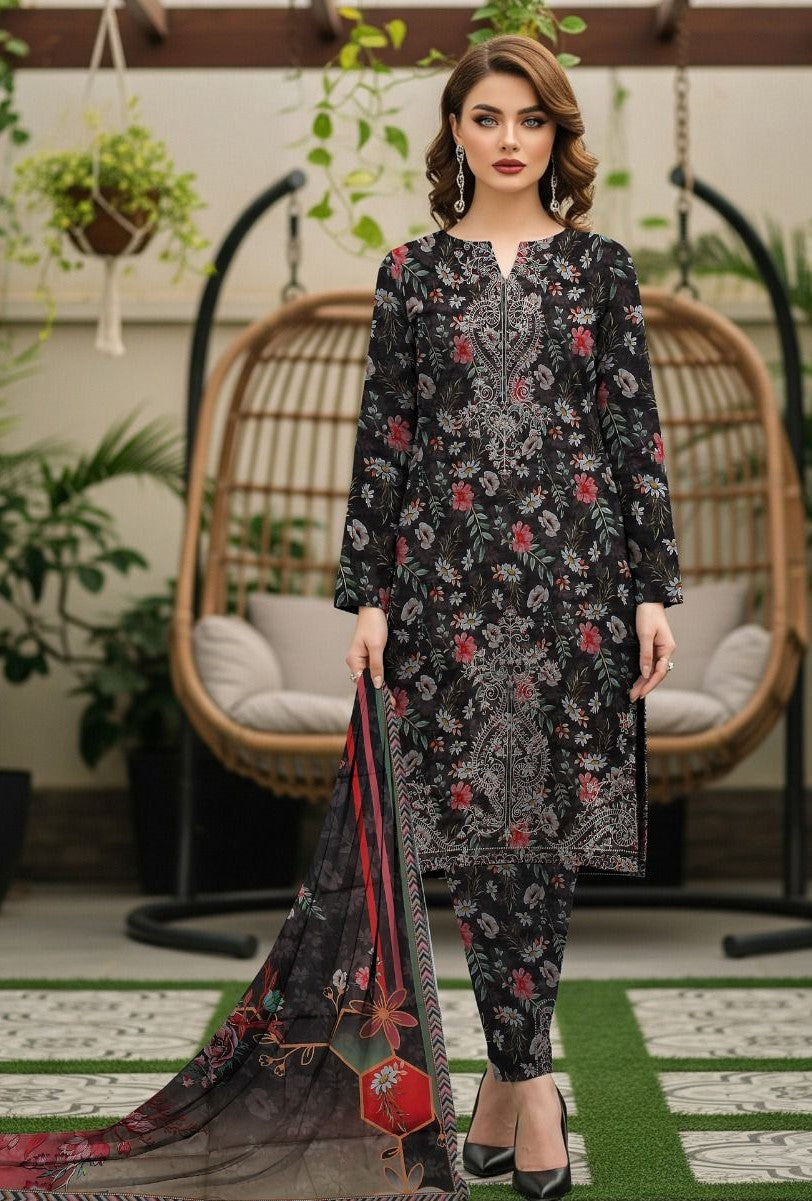 Midnight Elegance – Digital Printed & Embroidered Luxury Unstitched 3-Piece Suite