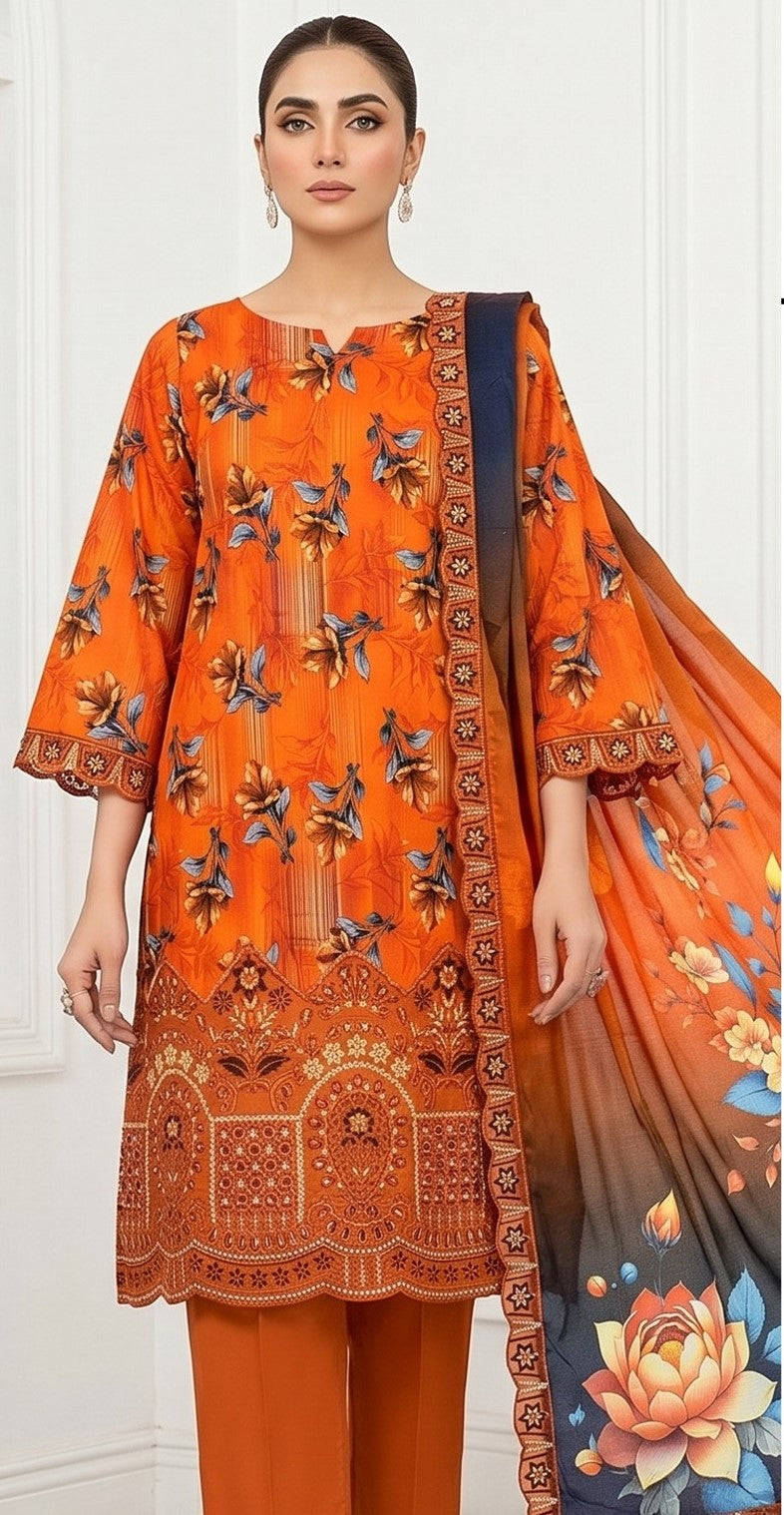 Amber Glow – Digital Printed & Embroidered Luxury Unstitched 3-Piece Suite