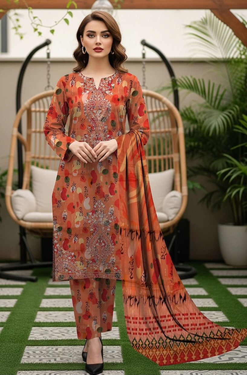 Rust Radiance – Embroidered Digital Bana Dora Unstitched 3-Piece Suite
