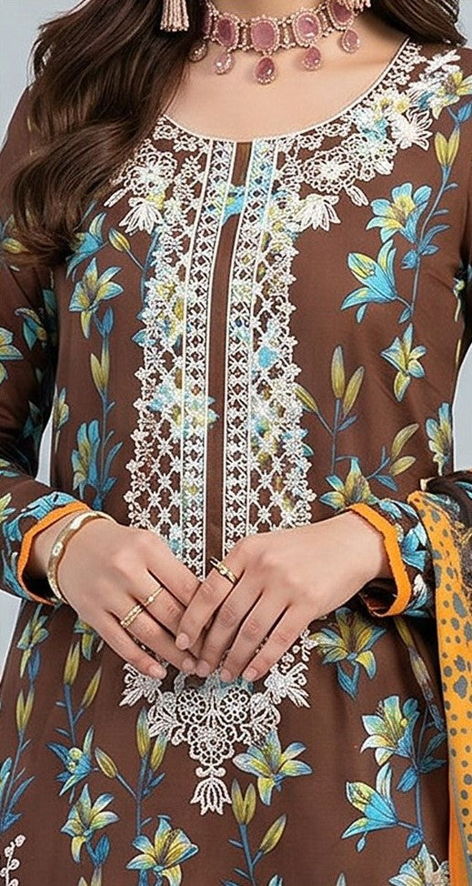 Earth & Aqua – Full Galla & Daman Embroidered Unstitched 3-Piece Suite