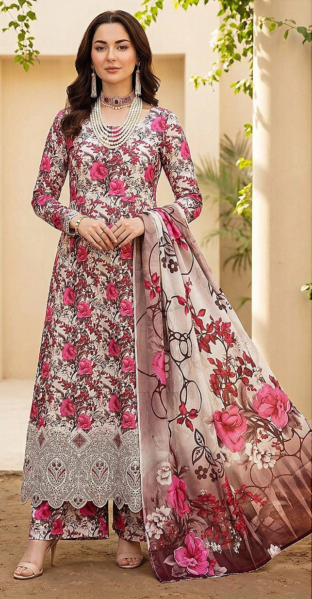 Floral Blossom – Luxury Lazer Boring Embroidered Unstitched 3-Piece Suite