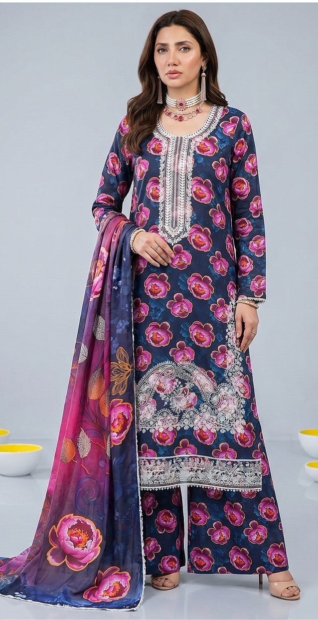Indigo Peony – Full Galla & Daman Embroidered Unstitched 3-Piece Suite