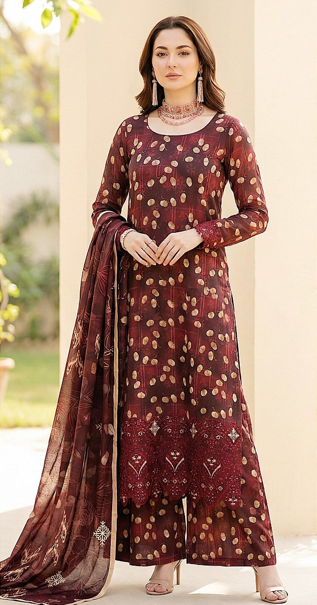 Maroon Majesty – Luxury Lazer Boring Embroidered Unstitched 3-Piece Suite