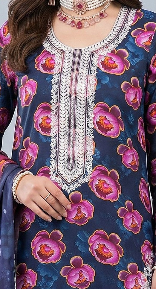 Indigo Peony – Full Galla & Daman Embroidered Unstitched 3-Piece Suite