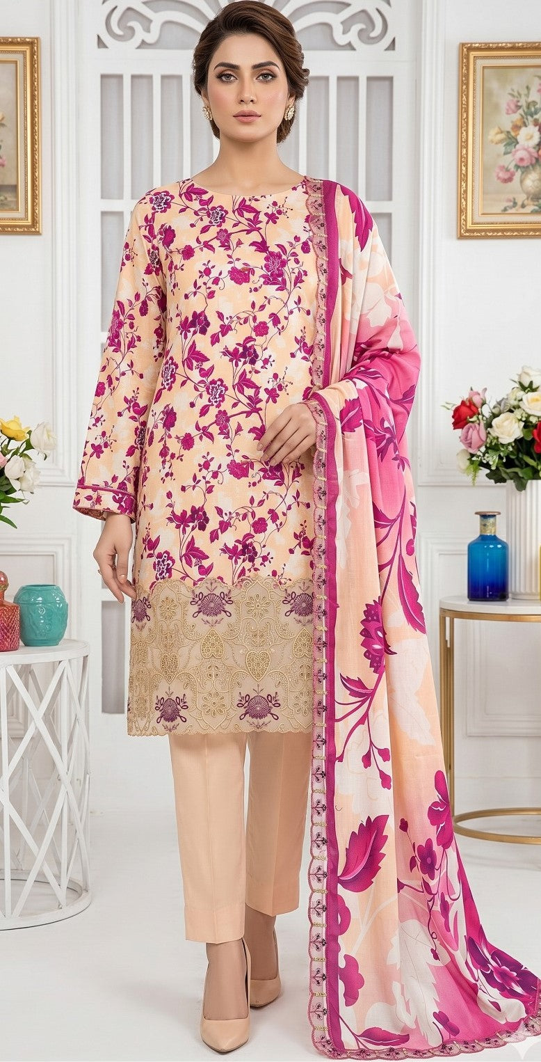 Peach Peony – Digital Printed & Embroidered Luxury Unstitched 3-Piece Suite